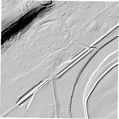 Shaded relief map of the ground around NG145AN, computed from Environment Agency LiDAR. The ground here sits at about 19 m above sea level and falls 47 m across the surrounding 800 m. Surface water reaching this point runs off ground lying to the east-south-east, 3.9 m higher.