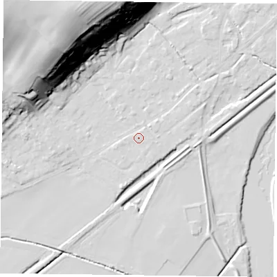 Shaded relief map of the ground around NG145AQ, computed from Environment Agency LiDAR. The ground here sits at about 19 m above sea level and falls 48 m across the surrounding 800 m. Surface water reaching this point runs off ground lying to the south-south-west, 3.9 m higher.