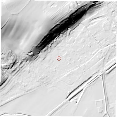 Shaded relief map of the ground around NG145AR, computed from Environment Agency LiDAR. The ground here sits at about 19 m above sea level and falls 51 m across the surrounding 800 m. Surface water reaching this point runs off ground lying to the north-west, 50.6 m higher.