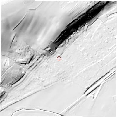 Shaded relief map of the ground around NG145AS, computed from Environment Agency LiDAR. The ground here sits at about 20 m above sea level and falls 51 m across the surrounding 800 m. Surface water reaching this point runs off ground lying to the north, 33.9 m higher.