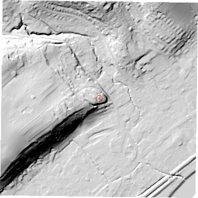 Shaded relief map of the ground around NG145BG, computed from Environment Agency LiDAR. The ground here sits at about 34 m above sea level and falls 48 m across the surrounding 800 m. Surface water reaching this point runs off ground lying to the west, 6.7 m higher.