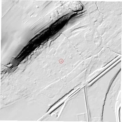 Shaded relief map of the ground around NG145DH, computed from Environment Agency LiDAR. The ground here sits at about 19 m above sea level and falls 50 m across the surrounding 800 m. Surface water reaching this point runs off ground lying to the west-south-west, 0.6 m higher.