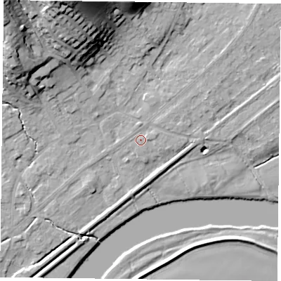 Shaded relief map of the ground around NG145DJ, computed from Environment Agency LiDAR. The ground here sits at about 20 m above sea level and falls 32 m across the surrounding 800 m. Surface water reaching this point runs off ground lying to the north-east, 1.7 m higher.