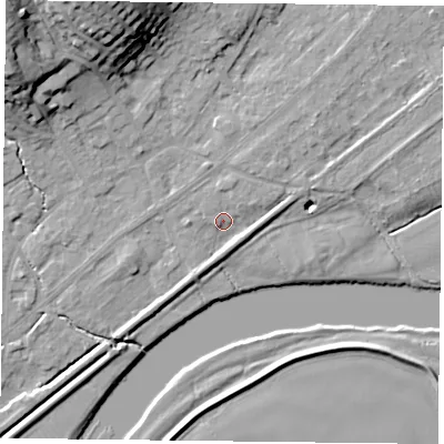 Shaded relief map of the ground around NG145DL, computed from Environment Agency LiDAR. The ground here sits at about 19 m above sea level and falls 24 m across the surrounding 800 m. Surface water reaching this point runs off ground lying to the north-east, 3.0 m higher.