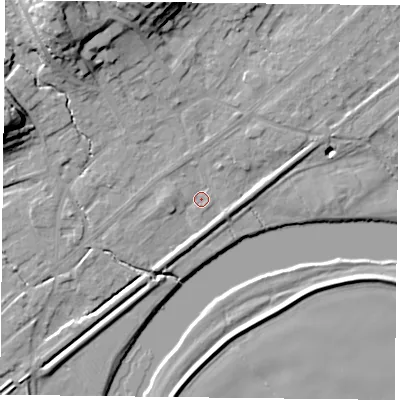 Shaded relief map of the ground around NG145DN, computed from Environment Agency LiDAR. The ground here sits at about 18 m above sea level and falls 22 m across the surrounding 800 m. Surface water reaching this point runs off ground lying to the north-east, 3.4 m higher.