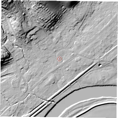 Shaded relief map of the ground around NG145DP, computed from Environment Agency LiDAR. The ground here sits at about 19 m above sea level and falls 39 m across the surrounding 800 m. Surface water reaching this point runs off ground lying to the north-west, 32.4 m higher.