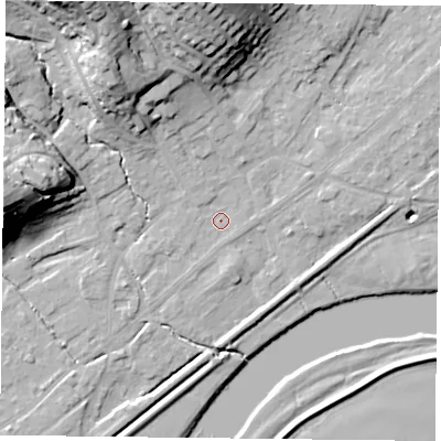 Shaded relief map of the ground around NG145DQ, computed from Environment Agency LiDAR. The ground here sits at about 19 m above sea level and falls 29 m across the surrounding 800 m. Surface water reaching this point runs off ground lying to the north-north-west, 22.5 m higher.