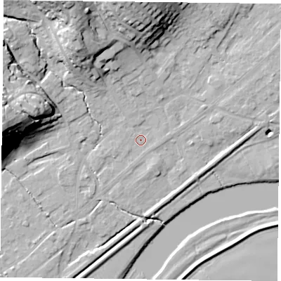 Shaded relief map of the ground around NG145DR, computed from Environment Agency LiDAR. The ground here sits at about 19 m above sea level and falls 31 m across the surrounding 800 m. Surface water reaching this point runs off ground lying to the north-north-west, 21.3 m higher.