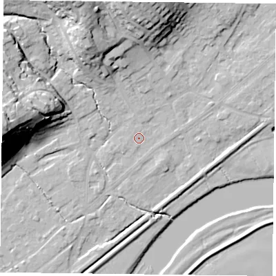 Shaded relief map of the ground around NG145DU, computed from Environment Agency LiDAR. The ground here sits at about 19 m above sea level and falls 38 m across the surrounding 800 m. Surface water reaching this point runs off ground lying to the north, 0.6 m higher.