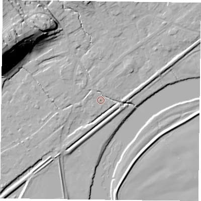 Shaded relief map of the ground around NG145DW, computed from Environment Agency LiDAR. The ground here sits at about 18 m above sea level and falls 42 m across the surrounding 800 m. Surface water reaching this point runs off ground lying to the north, 8.7 m higher.