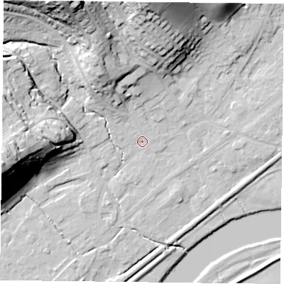 Shaded relief map of the ground around NG145DX, computed from Environment Agency LiDAR. The ground here sits at about 19 m above sea level and falls 41 m across the surrounding 800 m. Surface water reaching this point runs off ground lying to the north-north-west, 16.7 m higher.