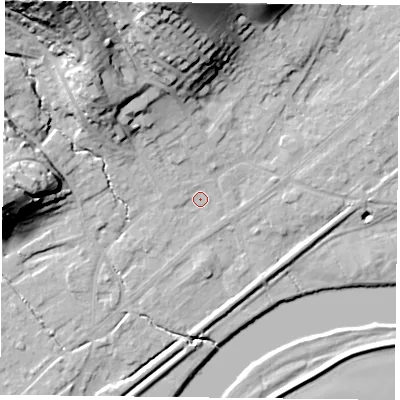 Shaded relief map of the ground around NG145DZ, computed from Environment Agency LiDAR. The ground here sits at about 19 m above sea level and falls 37 m across the surrounding 800 m. Surface water reaching this point runs off ground lying to the north-west, 29.6 m higher.