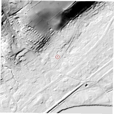 Shaded relief map of the ground around NG145ED, computed from Environment Agency LiDAR. The ground here sits at about 20 m above sea level and falls 50 m across the surrounding 800 m. Surface water reaching this point runs off ground lying to the north-north-west, 46.0 m higher.