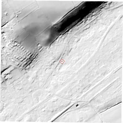 Shaded relief map of the ground around NG145EH, computed from Environment Agency LiDAR. The ground here sits at about 20 m above sea level and falls 55 m across the surrounding 800 m. Surface water reaching this point runs off ground lying to the north-west, 4.3 m higher.