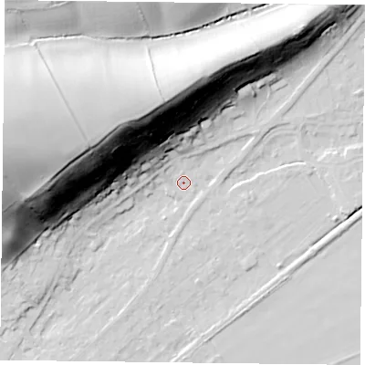 Shaded relief map of the ground around NG145EN, computed from Environment Agency LiDAR. The ground here sits at about 19 m above sea level and falls 50 m across the surrounding 800 m. Surface water reaching this point runs off ground lying to the west-north-west, 49.6 m higher.