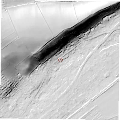 Shaded relief map of the ground around NG145EP, computed from Environment Agency LiDAR. The ground here sits at about 20 m above sea level and falls 50 m across the surrounding 800 m. Surface water reaching this point runs off ground lying to the west-north-west, 50.0 m higher.