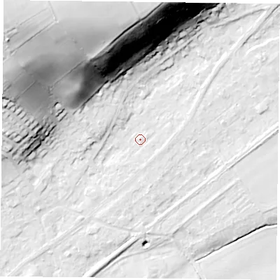 Shaded relief map of the ground around NG145EQ, computed from Environment Agency LiDAR. The ground here sits at about 20 m above sea level and falls 54 m across the surrounding 800 m. Surface water reaching this point runs off ground lying to the north-west, 50.0 m higher.