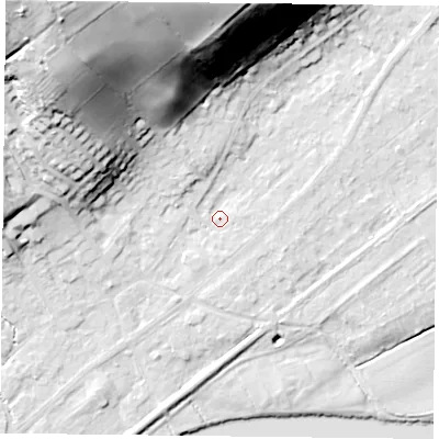 Shaded relief map of the ground around NG145ER, computed from Environment Agency LiDAR. The ground here sits at about 20 m above sea level and falls 52 m across the surrounding 800 m. Surface water reaching this point runs off ground lying to the north-north-west, 34.6 m higher.