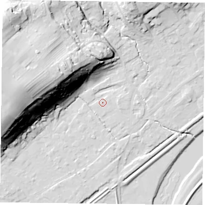 Shaded relief map of the ground around NG145ET, computed from Environment Agency LiDAR. The ground here sits at about 19 m above sea level and falls 48 m across the surrounding 800 m. Surface water reaching this point runs off ground lying to the east, 2.1 m higher.