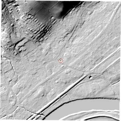 Shaded relief map of the ground around NG145EX, computed from Environment Agency LiDAR. The ground here sits at about 19 m above sea level and falls 43 m across the surrounding 800 m. Surface water reaching this point runs off ground lying to the north-north-west, 39.0 m higher.