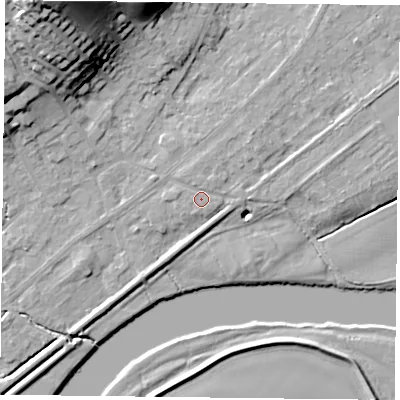 Shaded relief map of the ground around NG145EY, computed from Environment Agency LiDAR. The ground here sits at about 20 m above sea level and falls 32 m across the surrounding 800 m. Surface water reaching this point runs off ground lying to the west-north-west, 0.7 m higher.