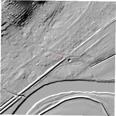 Shaded relief map of the ground around NG145EZ, computed from Environment Agency LiDAR. The ground here sits at about 20 m above sea level and falls 30 m across the surrounding 800 m. Surface water reaching this point runs off ground lying to the north, 2.0 m higher.