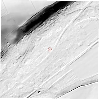 Shaded relief map of the ground around NG145GA, computed from Environment Agency LiDAR. The ground here sits at about 19 m above sea level and falls 54 m across the surrounding 800 m. Surface water reaching this point runs off ground lying to the south, 1.2 m higher.