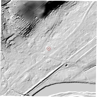 Shaded relief map of the ground around NG145GB, computed from Environment Agency LiDAR. The ground here sits at about 20 m above sea level and falls 45 m across the surrounding 800 m. Surface water reaching this point runs off ground lying to the north-north-west, 40.9 m higher.