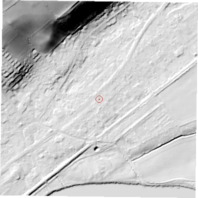 Shaded relief map of the ground around NG145GD, computed from Environment Agency LiDAR. The ground here sits at about 20 m above sea level and falls 50 m across the surrounding 800 m. Surface water reaching this point runs off ground lying to the south, 1.0 m higher.