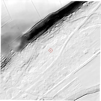 Shaded relief map of the ground around NG145GF, computed from Environment Agency LiDAR. The ground here sits at about 19 m above sea level and falls 53 m across the surrounding 800 m. Surface water reaching this point runs off ground lying to the north-west, 50.0 m higher.
