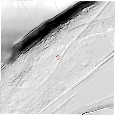 Shaded relief map of the ground around NG145GG, computed from Environment Agency LiDAR. The ground here sits at about 19 m above sea level and falls 52 m across the surrounding 800 m. Surface water reaching this point runs off ground lying to the south-south-west, 2.1 m higher.