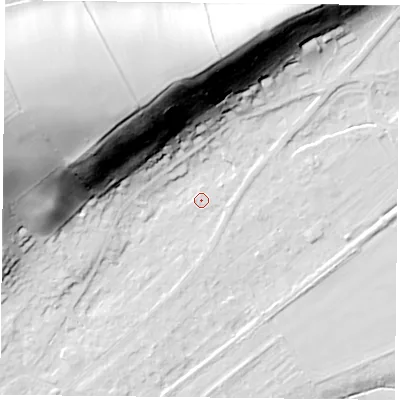 Shaded relief map of the ground around NG145GH, computed from Environment Agency LiDAR. The ground here sits at about 19 m above sea level and falls 53 m across the surrounding 800 m. Surface water reaching this point runs off ground lying to the west-north-west, 50.0 m higher.