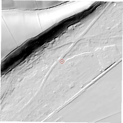 Shaded relief map of the ground around NG145GL, computed from Environment Agency LiDAR. The ground here sits at about 19 m above sea level and falls 49 m across the surrounding 800 m. Surface water reaching this point runs off ground lying to the east, 2.3 m higher.