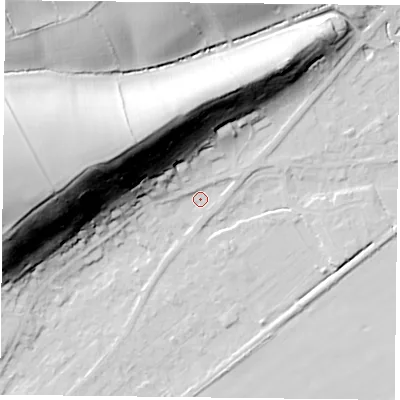 Shaded relief map of the ground around NG145GS, computed from Environment Agency LiDAR. The ground here sits at about 19 m above sea level and falls 49 m across the surrounding 800 m. Surface water reaching this point runs off ground lying to the west-north-west, 46.2 m higher.