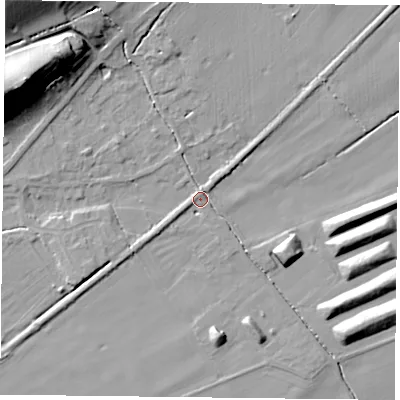 Shaded relief map of the ground around NG145HA, computed from Environment Agency LiDAR. The ground here sits at about 20 m above sea level and falls 25 m across the surrounding 800 m. Surface water reaching this point runs off ground lying to the west-south-west, 1.6 m higher.