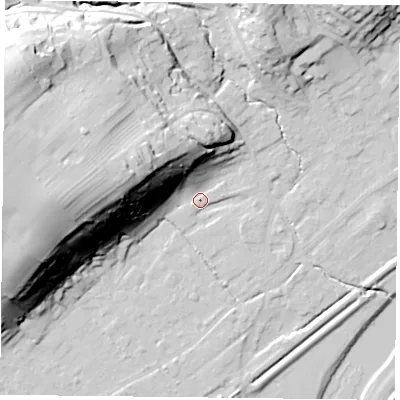 Shaded relief map of the ground around NG145HF, computed from Environment Agency LiDAR. The ground here sits at about 19 m above sea level and falls 48 m across the surrounding 800 m. Surface water reaching this point runs off ground lying to the west, 42.0 m higher.