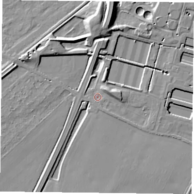 Shaded relief map of the ground around NG145HN, computed from Environment Agency LiDAR. The ground here sits at about 21 m above sea level and falls 11 m across the surrounding 800 m. Surface water reaching this point runs off ground lying to the east-north-east, 3.6 m higher.