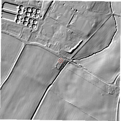 Shaded relief map of the ground around NG145HQ, computed from Environment Agency LiDAR. The ground here sits at about 21 m above sea level and falls 8 m across the surrounding 800 m. Surface water reaching this point runs off ground lying to the north-west, 1.7 m higher.