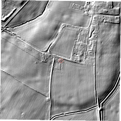 Shaded relief map of the ground around NG145HR, computed from Environment Agency LiDAR. The ground here sits at about 20 m above sea level and falls 7 m across the surrounding 800 m. Surface water reaching this point runs off ground lying to the south-south-west, 1.5 m higher.