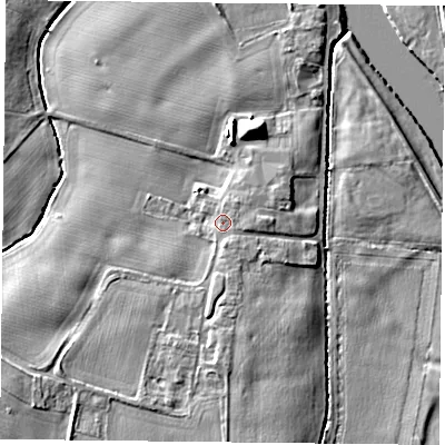 Shaded relief map of the ground around NG145HS, computed from Environment Agency LiDAR. The ground here sits at about 20 m above sea level and falls 8 m across the surrounding 800 m. Surface water reaching this point runs off ground lying to the east, 1.7 m higher.