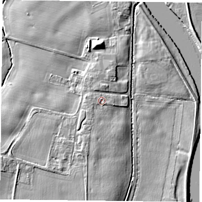 Shaded relief map of the ground around NG145HU, computed from Environment Agency LiDAR. The ground here sits at about 20 m above sea level and falls 8 m across the surrounding 800 m. Surface water reaching this point runs off ground lying to the west-south-west, 0.8 m higher.