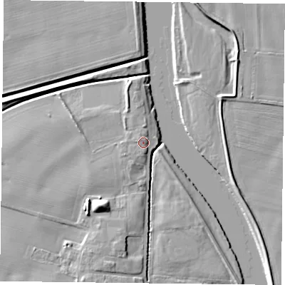 Shaded relief map of the ground around NG145HW, computed from Environment Agency LiDAR. The ground here sits at about 20 m above sea level and falls 8 m across the surrounding 800 m. Surface water reaching this point runs off ground lying to the south, 1.5 m higher.