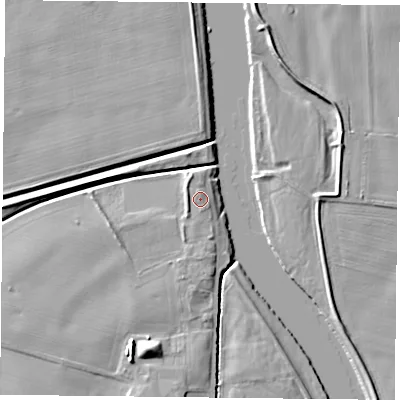 Shaded relief map of the ground around NG145HX, computed from Environment Agency LiDAR. The ground here sits at about 19 m above sea level and falls 8 m across the surrounding 800 m. Surface water reaching this point runs off ground lying to the south, 1.7 m higher.