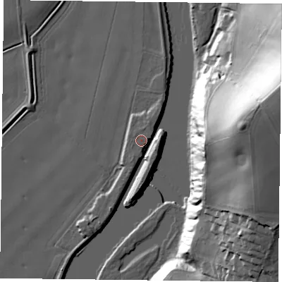 Shaded relief map of the ground around NG145HY, computed from Environment Agency LiDAR. The ground here sits at about 20 m above sea level and falls 51 m across the surrounding 800 m. Surface water reaching this point runs off ground lying to the east-south-east, 5.2 m higher.