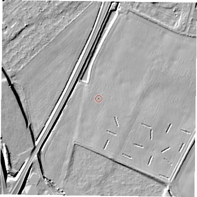 Shaded relief map of the ground around NG145HZ, computed from Environment Agency LiDAR. The ground here sits at about 20 m above sea level and falls 12 m across the surrounding 800 m. Surface water reaching this point runs off ground lying to the west-south-west, 11.5 m higher.