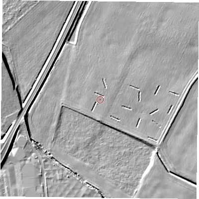 Shaded relief map of the ground around NG145JA, computed from Environment Agency LiDAR. The ground here sits at about 20 m above sea level and falls 7 m across the surrounding 800 m. Surface water reaching this point runs off ground lying to the south, 1.2 m higher.