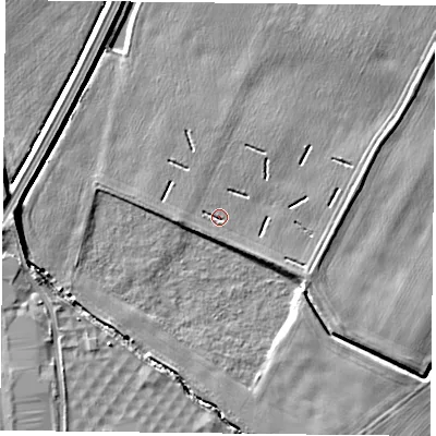 Shaded relief map of the ground around NG145JB, computed from Environment Agency LiDAR. The ground here sits at about 20 m above sea level and falls 5 m across the surrounding 800 m. Surface water reaching this point runs off ground lying to the north-east, 2.0 m higher.