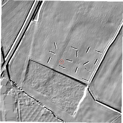 Shaded relief map of the ground around NG145JD, computed from Environment Agency LiDAR. The ground here sits at about 20 m above sea level and falls 6 m across the surrounding 800 m. Surface water reaching this point runs off ground lying to the east-north-east, 2.0 m higher.