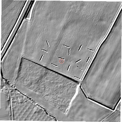 Shaded relief map of the ground around NG145JE, computed from Environment Agency LiDAR. The ground here sits at about 20 m above sea level and falls 4 m across the surrounding 800 m. Surface water reaching this point runs off ground lying to the north-east, 2.0 m higher.