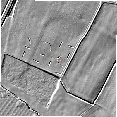 Shaded relief map of the ground around NG145JF, computed from Environment Agency LiDAR. The ground here sits at about 20 m above sea level and falls 4 m across the surrounding 800 m. Surface water reaching this point runs off ground lying to the south, 1.6 m higher.